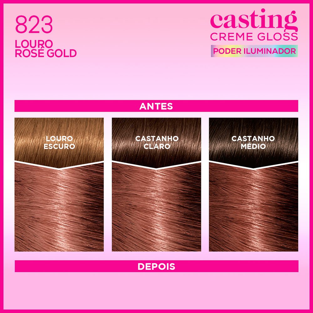 Imagem Casting Creme Gloss Poder Iluminador | Louro Rose Gold | Antes Depois